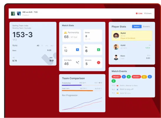 Cricket API Dashboard Showing Live Score, Player Stats, Match Stats and Real-Time Match Events